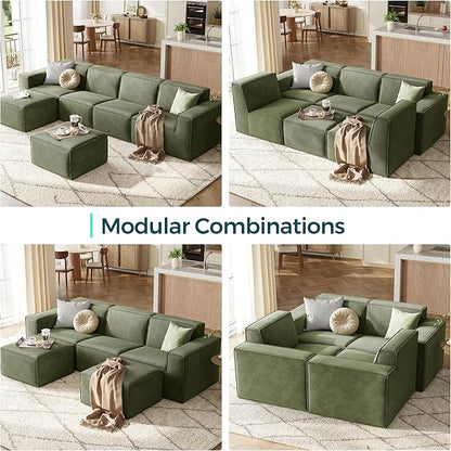 LINSY HOME Modular Sectional Sofa, 134" Boneless Couch U Shaped 4-Seat Sofa with 2 Movable Ottomans, Corduroy Sectional Cloud Couches for Living Room, No Assembly Required, Green