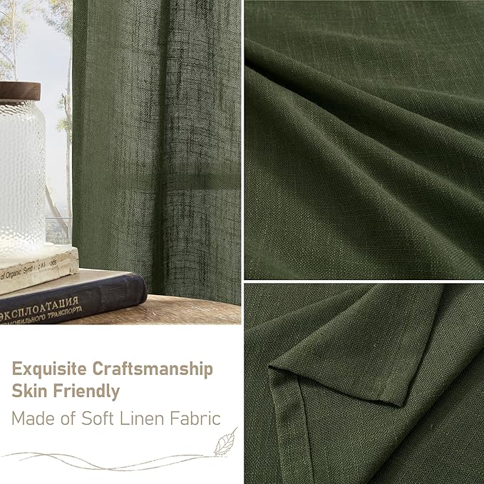 LAMIT Sheer Linen Curtains 40 inch Long for Small Windows, Olive Green Light Filtering Curtains Bronze Grommet Linen Textured Neutral Boho Christmas Drapes for Kitchen/Cafe, 2 Panels, 34 x 40 Inch