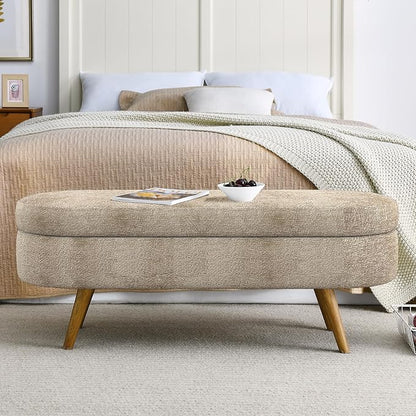 Oval Storage Bench 43.5" Linen Fabric Upholstered Entryway Bench with Solid Wood Legs Ottoman Bench Indoor Bench for Living Room/Bedroom/End of Bed/Entryway (Brown)