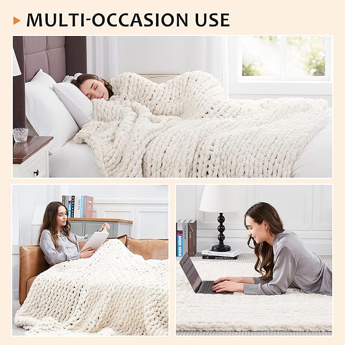 L'AGRATY Chunky Knit Blanket - Soft Chenille Yarn Throws 40x50: Handmade Thick Cable Crochet Blanket - Large Chunky Yarn Rope Knot Throw for Couch, Sofa, Bed Home Decor