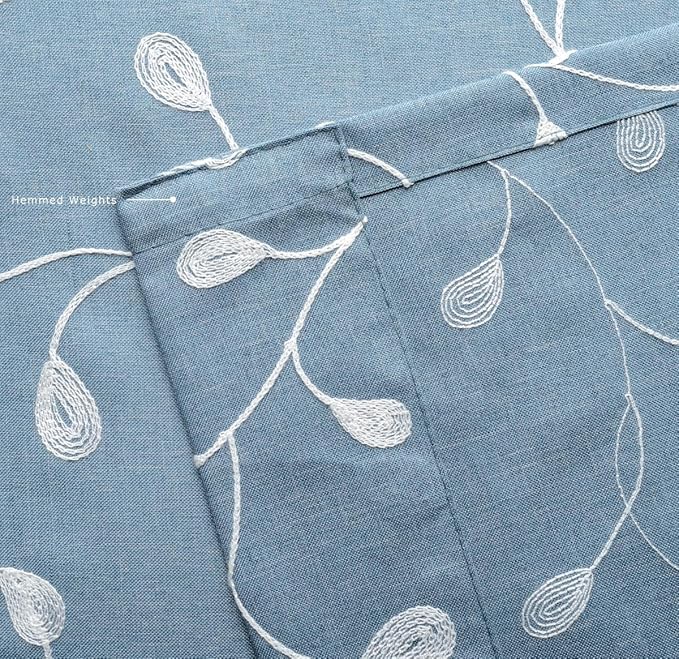 MIUCO Floral Embroidered Semi Sheer Curtains Faux Linen Grommet Window Curtain for Living Room 52 x 84 Inch 2 Panels, Dusty Blue