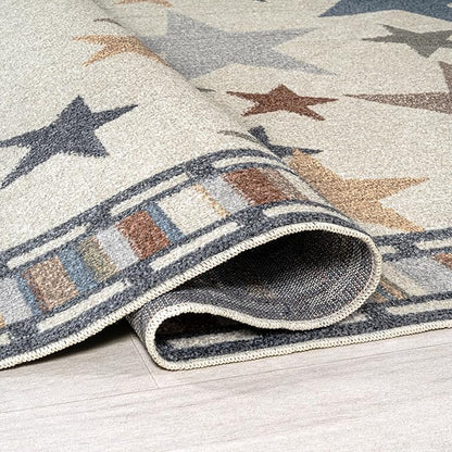 JONATHAN Y Machine-Washable Ivory/Blue/Orange Runner Rug, 2x8, Star Gazer Geometric, Border, Kids & Novelty, Classic, Bedroom, Kitchen, Living Room, Easy-Cleaning, Non-Shedding (KDW100A-28)
