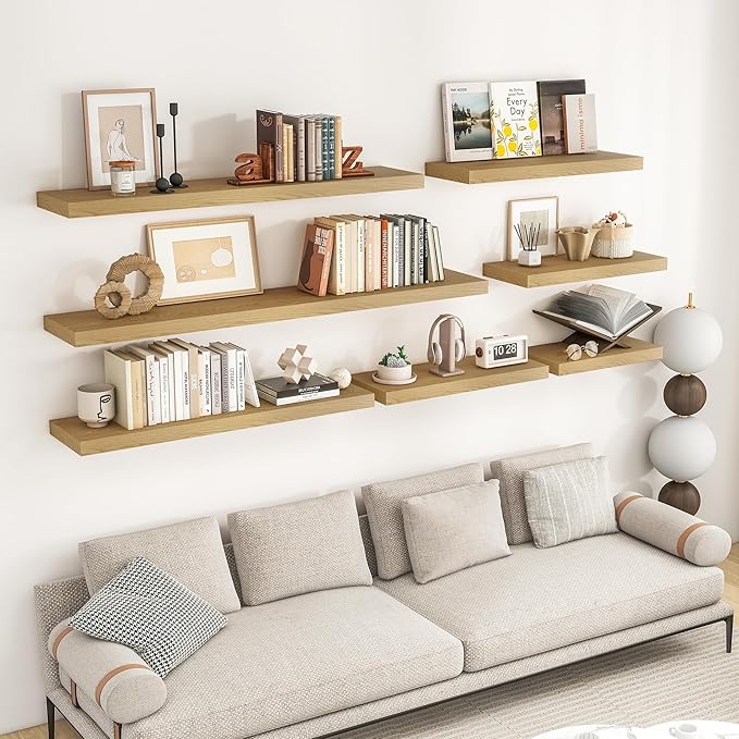 RICHFOCUS 72Inch Floating Shelves for Wall 2 Pack Shelves for Bedroom|Kitchen|Bathroom Wall Mounted Rustic Wood Floating Shelf with Invisible Brackets for Books|Storage|Decor, Oak