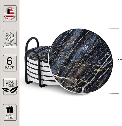 Emerson Coasters for Drinks Absorbent – Natural Stone Drink Coasters Set with Holder, Coasters for Coffee Table, Wooden Tabletop Protection Marble Style – 100% Heavy Duty Set of 6 (Thunder)