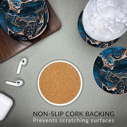 Emerson Coasters for Drinks Absorbent – Natural Stone Drink Coasters Set with Holder, Coasters for Coffee Table, Wooden Tabletop Protection Marble Style – 100% Heavy Duty Set of 6 (Royal)