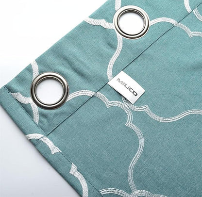 MIUCO Moroccan Embroidered Semi Sheer Curtains Faux Linen Grommet Window Panel Pair for Bedroom 52 x 63 Inch, Teal
