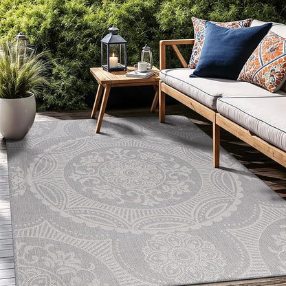 Medallion Outdoor Rug 8x10 Washable Outside Carpet for Indoor Patio Porch Waterproof Easy Cleaning Non Shedding Area Rugs Gray 8 x 10