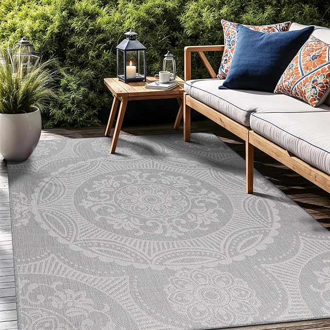 Medallion Outdoor Rug 10x14 Washable Outside Carpet for Indoor Patio Porch Waterproof Easy Cleaning Non Shedding Area Rugs Gray 10 x 14