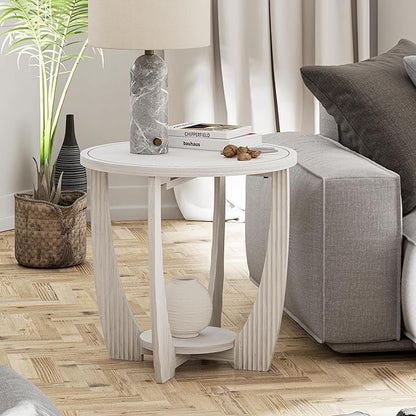 Rustic Farmhouse end Table with Storage Shelf, French Country Accent Side Table for Family, Dinning or Living Room, Small Spaces, Modern, Round, White