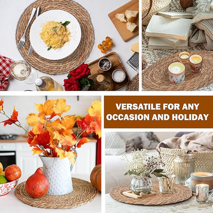 Defined Deco Woven Placemats Set of 10, 13" Round Rattan Placemats,Natural Hand-Woven Water Hyacinth, Farmhouse Weave Place Mats, Rustic Braided Wicker Table Mats for Dining Table, Home, Wedding