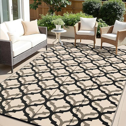 OLANLY Reversible Outdoor Rug 9x12 ft Clearance, Waterproof Outdoor Plastic Straw Rug with Interlacing Pattern, RV Mat for Patio, Camping, Balcony, Deck, Backyard, Black & Beige