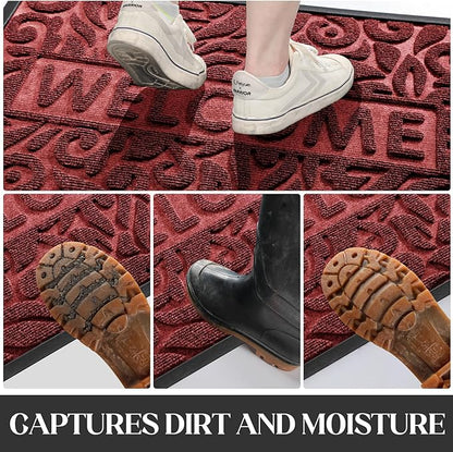 Yimobra Welcome Front Door Mat Outdoor, Heavy Duty Sturdy Non Slip Doormats, Rubber Backing, Low-Profile Entrance Rugs, Absorbent Resist Dirt, Easy Clean Patio Garage Floor Mats, 47X24 Inch, Wine Red