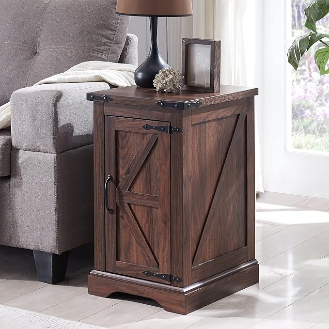 JXQTLINGMU Farmhouse Nightstand Set of 2 with Charging Station, 17" D Rectangular End Table with Barn Door & Adjustable Storage Shelf, Wood Rustic Sofa Side Table for Living Room, Bedroom, Brown