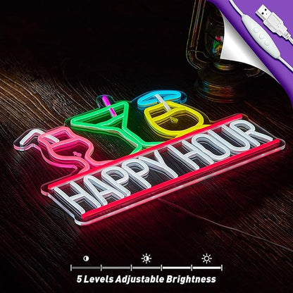 Happy Hour Neon Sign for Wall Decor Beer Bar Signs, USB Powered Dimmable LED Art Lights for Bar Pub Man Cave Party Club