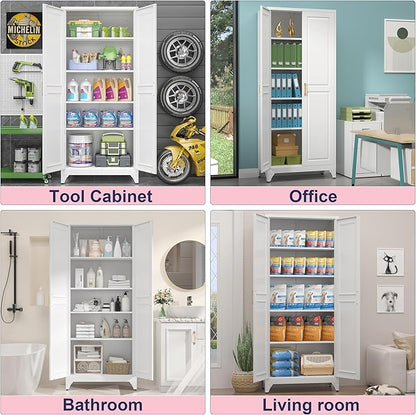 75" Storage Cabinet, Metal Pantry Cabinet, Kitchen Pantry Storage Cabinets with Doors and 4 Shelves, Cabinets for Laundry Room, Living Room, Dinning Room, Assembly Required, White