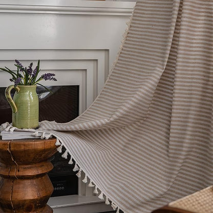 Sutuo Home Boho Curtain 84 Inches Length, Beige Stripes Print Curtain with Handmade Tassels, Rod Pocket Window Treatment Vintage Rustic Bohemian Farmhouse Drape for Bedroom 1 Panel 59" W x 84" L