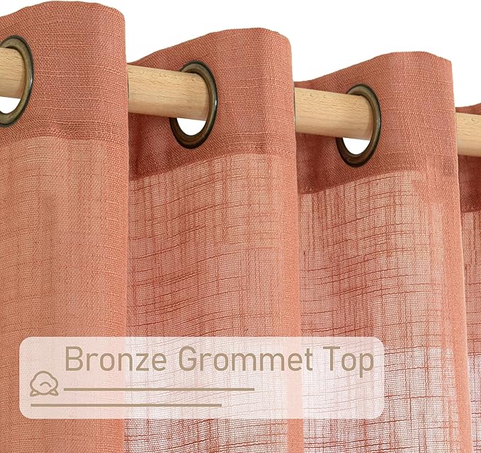 LAMIT Light Filtering Linen Curtains 54 inches Long for Bedroom, Linen Textured Semi Sheer Bronze Grommet Boho Drapes for Living Room, Terracotta, 2 Panels, 52 x 54 Inch