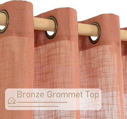 LAMIT Small Window Linen Curtains 36 inches Long, Light Filtering Linen Textured Bronze Grommet Soft Semi Sheer Drapes for Half Windows/Bathroom, 2 Panels, Terracotta, 34 x 36 Inch