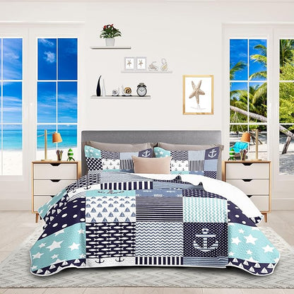 Nautical Bedding Queen Size Coastal Quilt with 2 Shams, Coastal Beach Comforter Sets Ocean Bedspreads Coverlet Summer Bedding, 90''x96''