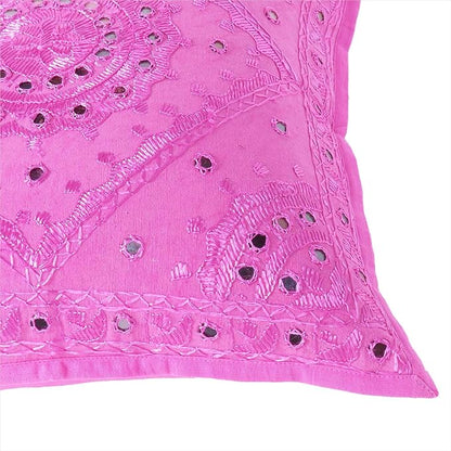 Eyes of India Embroidered Decorative Boho Throw Pillow Cover with Mirrors, Handmade Bohemian Accent Cushion Case for Sofa Couch Bedroom Living Room (Pink, 16" x 16")