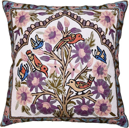 Tree of Life Pillow Cover Lavender Floral Pillowcase Botanical Flower Pillows Plants Farmhouse Traditional Chair Cushions Needlepoint Hand Embroidered Wool Size - 18x18