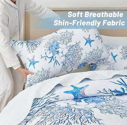Coastal Bedding Queen Size Coastal Quilt with 2 Shams, Nautical Beach Comforter Sets Ocean Bedspreads Blue Starfish Coverlet Summer Bedding, 90''x96''