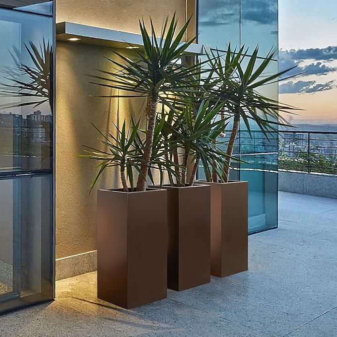 Large Planter for Outdoor Plant 14Lx14Wx30H Inches Metallic Heavy Tall Planter Box for Outdoor & Indoor, Rectangular Flowerpot 25Lbs/PC, Espresso, No Assembly and Seamless, Set of 2