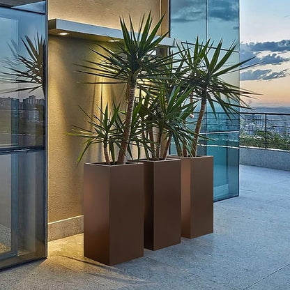 Large Planter for Outdoor Plant 14Lx14Wx30H Inches Metallic Heavy Tall Planter Box for Outdoor & Indoor, Rectangular Flowerpot 25Lbs/PC, Espresso, No Assembly and Seamless, Set of 2