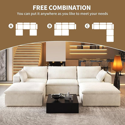 118" U Shaped Modern Sofa Modular Sectional Cloud Couch with 2 Ottoman,Upholstered Couches with Corduroy Fabric for Living Room Furniture,Bedroom and Apartment,No Assembly Required,White