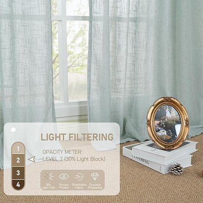 LAMIT Semi Sheer Linen Curtains 54 Inch Length 2 Panels, Greyish Blue Light Filtering Panels Bronze Grommet Neutral Drapes for Bedroom/Window/Dining Room, 52 x 54 Inch
