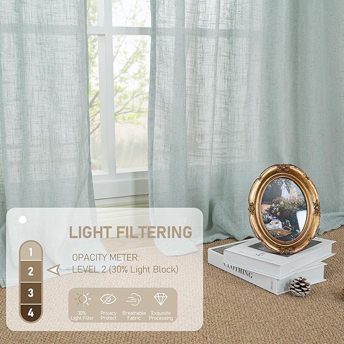 LAMIT Greyish Blue Linen Curtains 45 Inches Long for Bedroom, Light Filtering Panels Bronze Grommet Neutral Drapes for Kitchen/Window/Loft Room, 52 x 45 Inch, 2 Panels