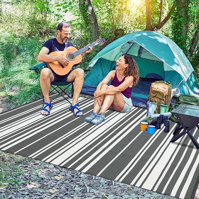 Outdoor Patio Rug 9x12 Stain-Resistant Reversible Camping Mat, Modern Striped Outdoor Plastic Straw Rug, Waterproof Outside Carpet, Easy to Clean for RV, Porch, Deck, Balcony, Grey