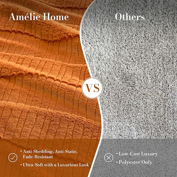 Amélie Home Luxury Striped Faux Fur Throw Blanket for Couch, Embossed Split Fur Cozy Fuzzy Fluffy Luxurious Soft Plush Sofa Chair Bed Gift Blankets for Women Men Wife Friend, 55"x70", Brown