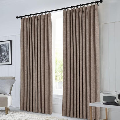 Macochico Extra Wide Full Blackout Linen Curtains for Sliding Door Light Brown Pinch Pleated Linen Curtains 96 Inches Long for Bedroom Living Room Farmhouse with Tieback 120”Wx96”L 1 Panel