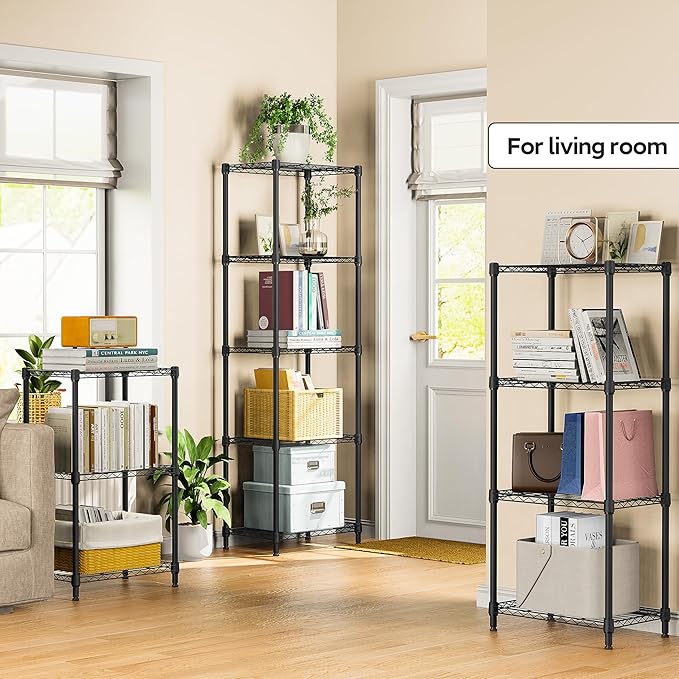 5 Tiers Shelf Metal Storage Shelves Wire Rack Closet Organizers with Wheel for Garage Kitchen Bathroom Laundry Black 11.8" D x 17.7" W x 55" H