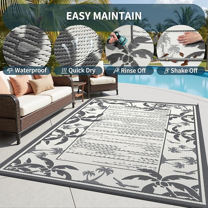 COCOER Outdoor-Rug 8x10 ft Waterproof Reversible Outdoor Plastic Straw Rug RV Indoor Outdoor Carpet Quick Dry Patio Rug Camping Mat for Balcony Backyard Picnic Beach-Grey&Beige