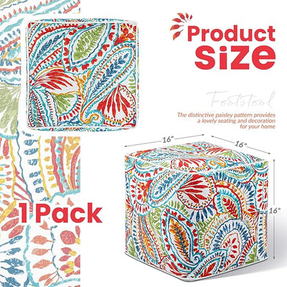 Juexica 1 Pack Ottoman Poufs Indoor Outdoor Inflatable Ottoman Stool Cube Pouffe Square Footstool with Handle for Patio Garden Home Boho Decorative Living Room, Bedroom (16 x 16 x 16 Inches)
