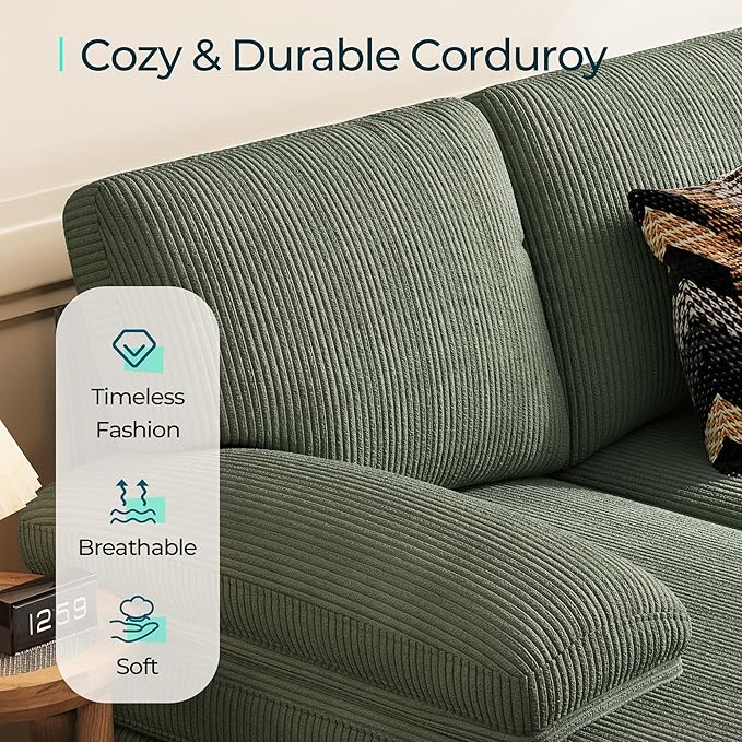 LINSY HOME Sectional Couch, 111'' W Corduroy U Shaped Sofa with Sleepable Armrests, 4 Seat Couch with Double Chaises, Deep Seat Sofa for Living Room, Army Green