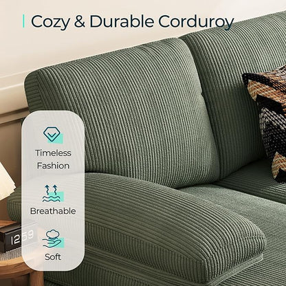 LINSY HOME Sectional Couch, 111'' W Corduroy U Shaped Sofa with Sleepable Armrests, 4 Seat Couch with Double Chaises, Deep Seat Sofa for Living Room, Army Green