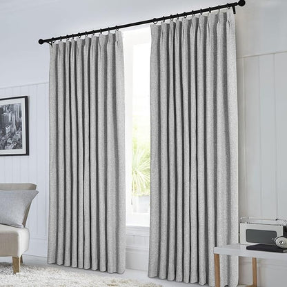 Macochico Extra Wide Full Blackout Linen Curtains for Sliding Door Light Grey Pinch Pleated Linen Curtains 96 Inches Long for Bedroom Living Room Farmhouse with Tieback 120”Wx96”L 1 Panel