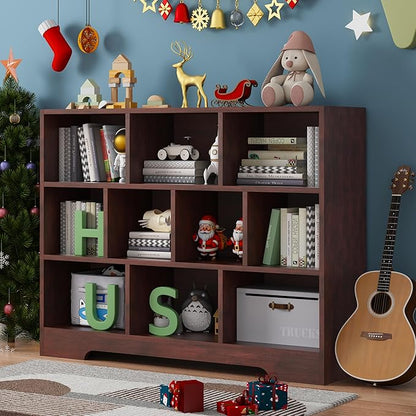 Book Shelf, 10 Cubes Storage Organizer, 3-Tier Open Shelf Wooden Bookcase, Freestanding Cherry Bookshelf Cube Shelf for Bedroom, Living Room, Home Office