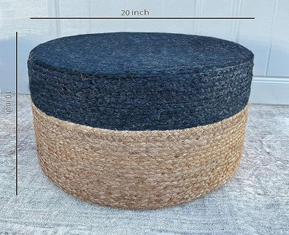 Jute Pouf Ottoman | Footrest Pouf | Hand Braided - Round Boho Pouffe - for Living Room, Bedroom, Nursery (20"x20"x10") Navy