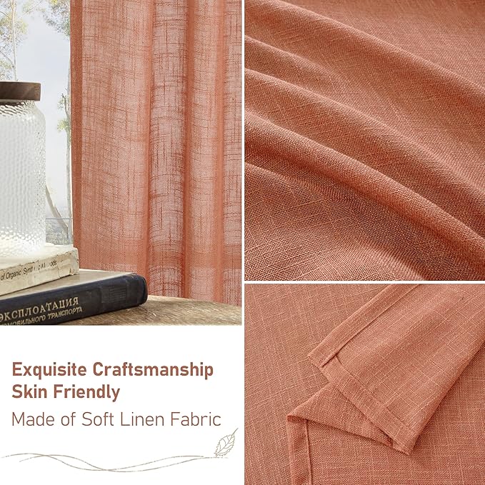 LAMIT Small Window Linen Curtains 36 inches Long, Light Filtering Linen Textured Bronze Grommet Soft Semi Sheer Drapes for Half Windows/Bathroom, 2 Panels, Terracotta, 34 x 36 Inch
