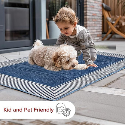 nuLOOM 2' x 8' Outdoor Area Rug, Casual Design With Striped Border, Stain Resistant, Highly Durable, For Patio, Balcony, Bedroom, Living Room, Dining Room, Bathroom, Navy