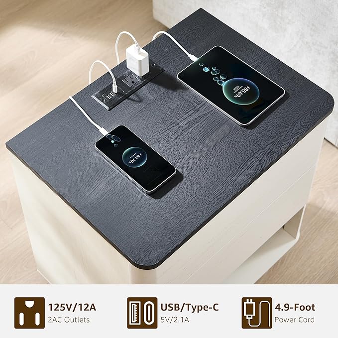 Nightstand with Charging Station, 22" Push-to-Open Bedside Table with 2 Storage Drawers, Large Modern End Table for Bedroom,Living Room,White
