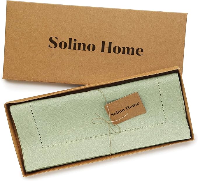 Solino Home Linen Sage Green Table Runner 72 Inches Long - 100% Pure Linen Hemstitch Table Runner 14 x 72 Inch for Dresser, Dining, Fall, Autumn, Halloween, Thanksgiving - Classic Hemstitch