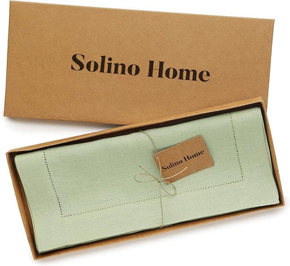 Solino Home Linen Sage Green Table Runner 72 Inches Long - 100% Pure Linen Hemstitch Table Runner 14 x 72 Inch for Dresser, Dining, Fall, Autumn, Halloween, Thanksgiving - Classic Hemstitch