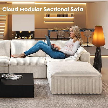 118" U Shaped Modern Sofa Modular Sectional Cloud Couch with 2 Ottoman,Upholstered Couches with Corduroy Fabric for Living Room Furniture,Bedroom and Apartment,No Assembly Required,White