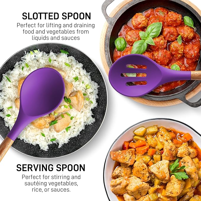 Zulay Kitchen Non-Stick Cooking Utensils Set with Authentic Acacia Wood Handles – 5-Piece Durable & Stylish Silicone Kitchen Utensils Set – Heat Resistant to 464°F – Purple
