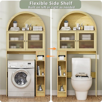 Over The Toilet Storage Cabinet, 31''W Arched Space-Saving Bathroom Organizer with Adjustable Shelf and Acrylic Doors, Freestanding Over Toilet Cabinet for Bathroom, Laundry, Restroom (Oak Wood)